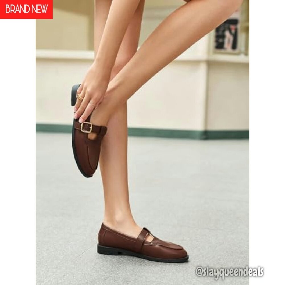 Women's T-Strap Loafers Slip-On Flats Work Business Dress Shoes - Picture 4 of 8